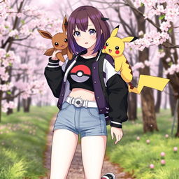 A female Pokémon trainer with shoulder-length brown hair featuring purple highlights and light gray eyes