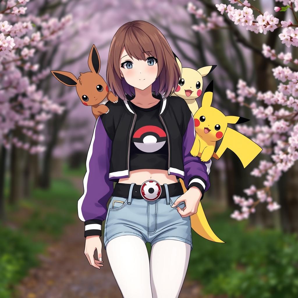 A female Pokémon trainer with shoulder-length brown hair featuring purple highlights and light gray eyes