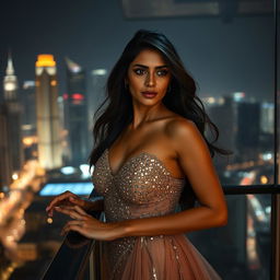 A dramatic scene depicting Ankita, a stunning woman in her late 30s with a captivating presence, standing on a balcony at night