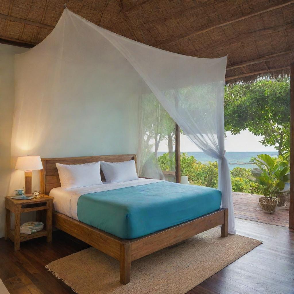 A cozy, up-market bungalow nestled in the lush greenery of a secluded island for a romantic bliss package. Inside, a luxurious bed draped with mosquito nets, a chic bathroom, and an inviting patio with expansive views of the turquoise waters and golden sunset.