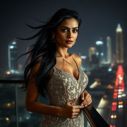 A dramatic scene depicting Ankita, a stunning woman in her late 30s with a captivating presence, standing on a balcony at night