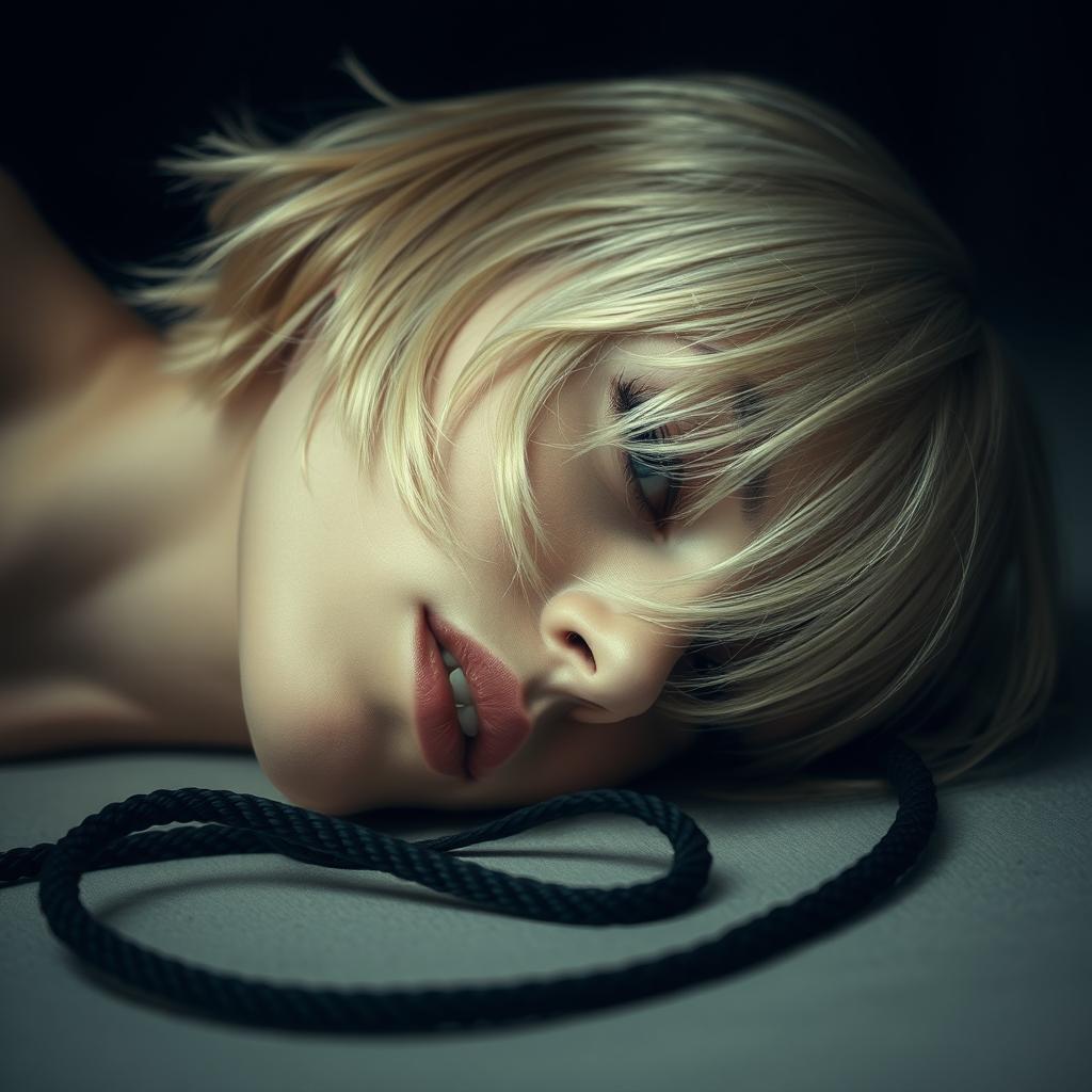 A blonde woman with short hair, lying face down, with a thin black rope elegantly placed