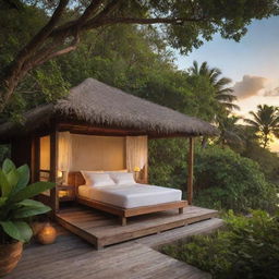 A cozy, up-market bungalow nestled in the lush greenery of a secluded island for a romantic bliss package. Inside, a luxurious bed draped with mosquito nets, a chic bathroom, and an inviting patio with expansive views of the turquoise waters and golden sunset.