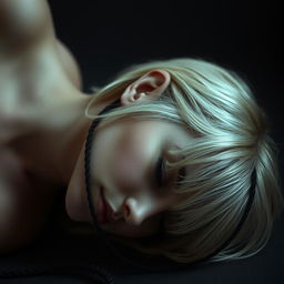 A blonde woman with short hair, lying face down, with a thin black rope elegantly placed