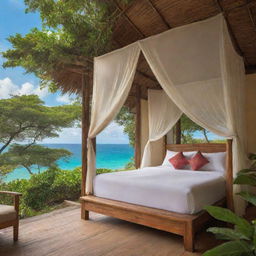 A cozy, up-market bungalow nestled in the lush greenery of a secluded island for a romantic bliss package. Inside, a luxurious bed draped with mosquito nets, a chic bathroom, and an inviting patio with expansive views of the turquoise waters and golden sunset.