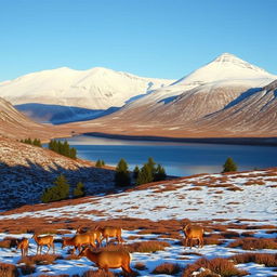 A breathtaking winter scene in the Scottish Highlands, featuring snow-capped mountains under a clear blue sky