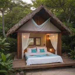 A cozy, up-market bungalow nestled in the lush greenery of a secluded island for a romantic bliss package. Inside, a luxurious bed draped with mosquito nets, a chic bathroom, and an inviting patio with expansive views of the turquoise waters and golden sunset.