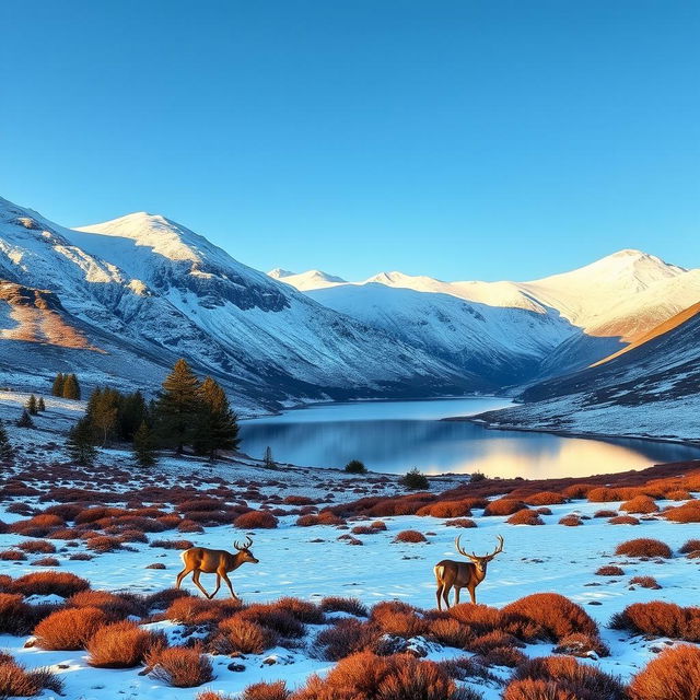 A breathtaking winter scene in the Scottish Highlands, featuring snow-capped mountains under a clear blue sky