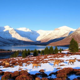 A breathtaking winter scene in the Scottish Highlands, featuring snow-capped mountains under a clear blue sky