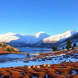 A breathtaking winter scene in the Scottish Highlands, featuring snow-capped mountains under a clear blue sky