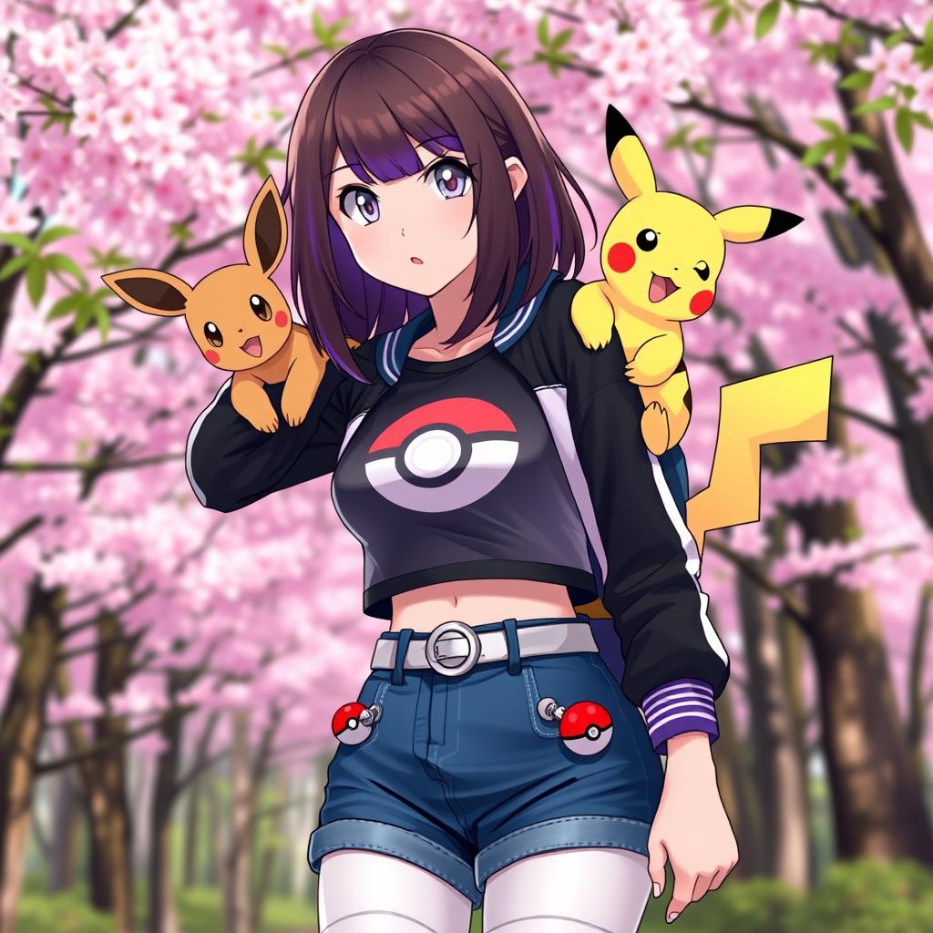 A female Pokémon trainer with shoulder-length brown hair featuring purple highlights, complemented by light gray eyes