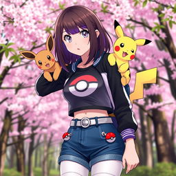 A female Pokémon trainer with shoulder-length brown hair featuring purple highlights, complemented by light gray eyes