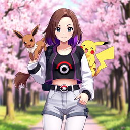 A female Pokémon trainer with shoulder-length brown hair featuring purple highlights, complemented by light gray eyes