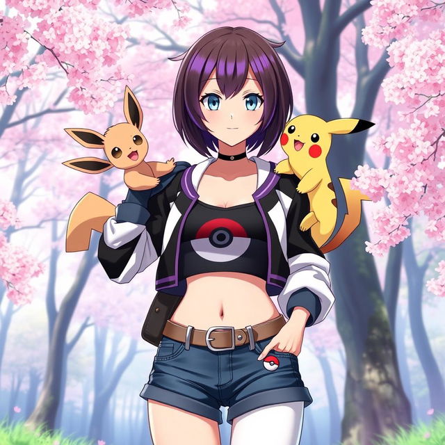 A female Pokémon trainer with shoulder-length brown hair featuring purple highlights, complemented by light gray eyes