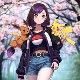 A female Pokémon trainer with shoulder-length brown hair featuring purple highlights, complemented by light gray eyes