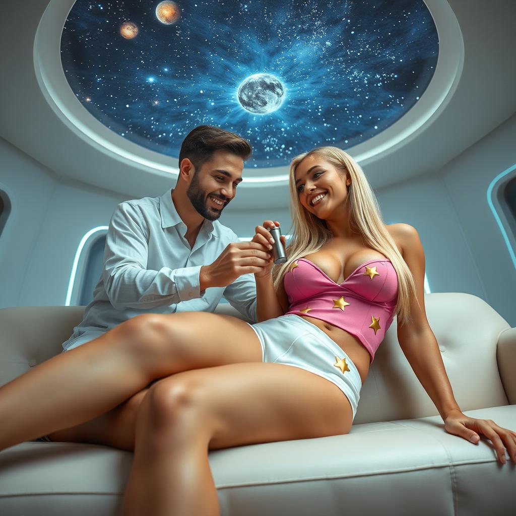 A tall, sexy 39-year-old Brazilian woman with long, straight blonde hair and captivating features, presenting a voluptuous figure with a 42DD bust, is lying on a sofa in a futuristic room