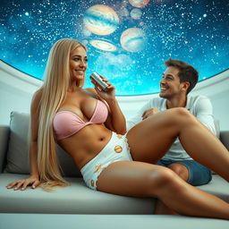 A tall, sexy 39-year-old Brazilian woman with long, straight blonde hair and captivating features, presenting a voluptuous figure with a 42DD bust, is lying on a sofa in a futuristic room