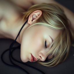 A blonde woman with short hair, lying face down, with a thin black rope elegantly wrapped around her neck