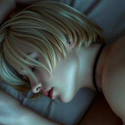 A blonde woman with short hair, lying face down, with a thin black rope elegantly wrapped around her neck