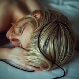 A blonde woman with short hair, lying face down, with a thin black rope elegantly wrapped around her neck