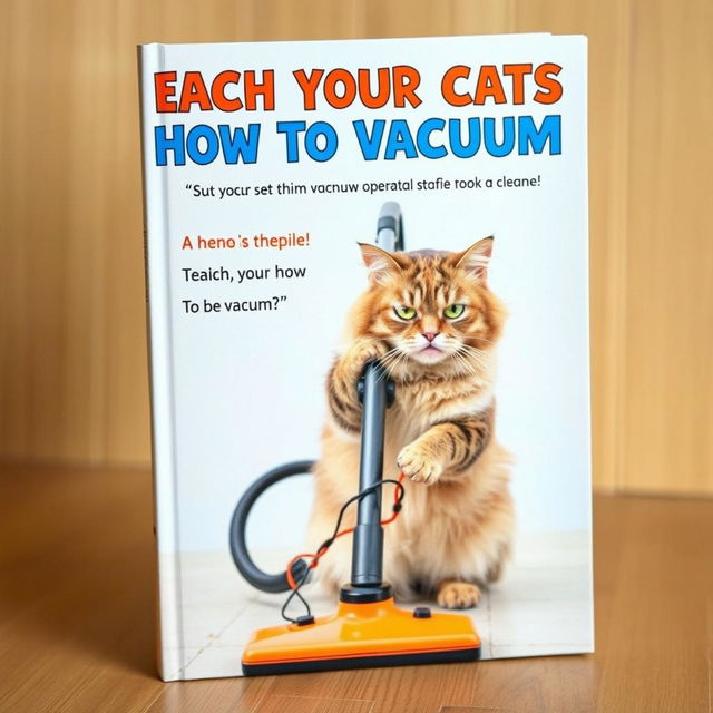 An instructive book cover designed to help readers teach their cats how to vacuum