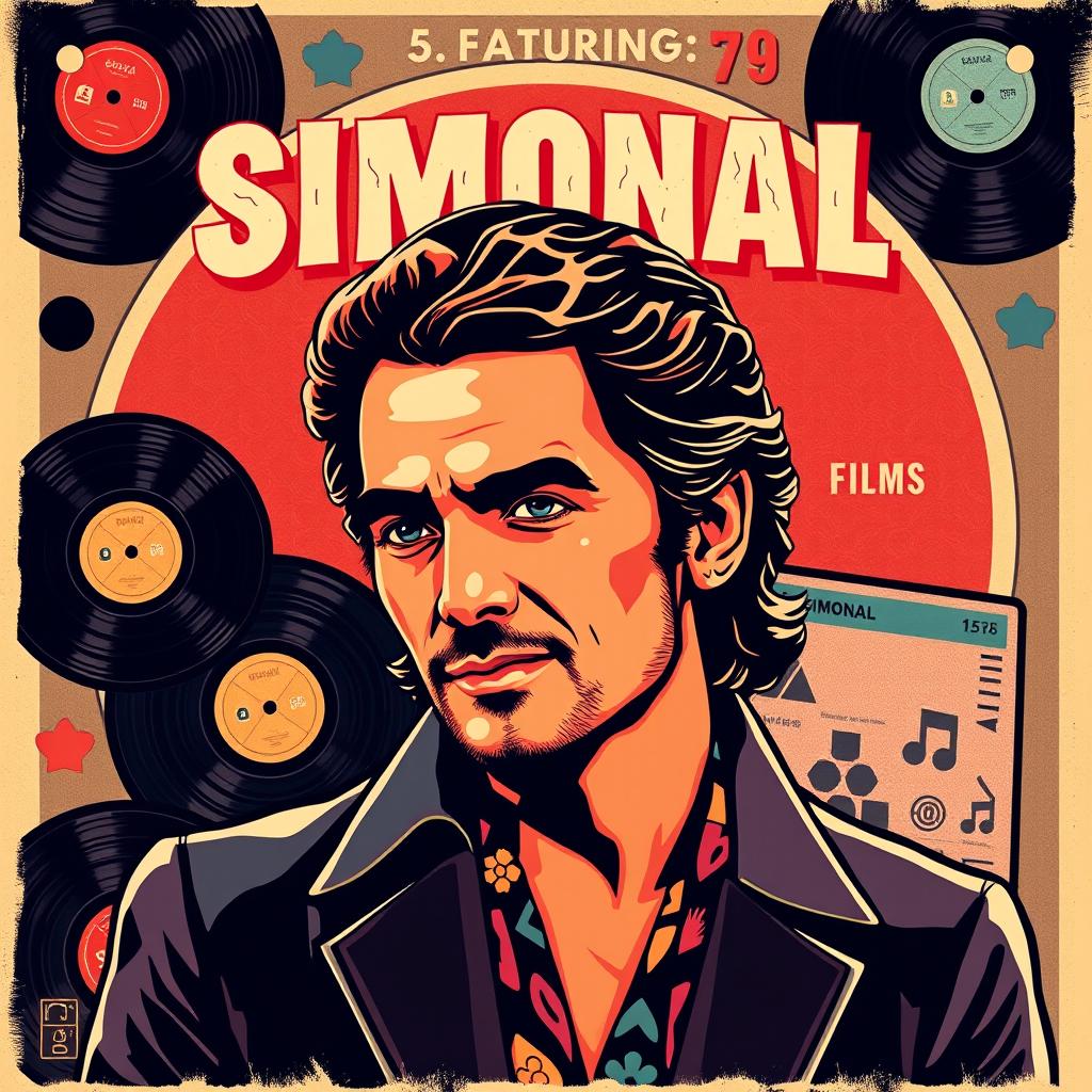 A vintage movie poster design for a 1970s film featuring Simonal, capturing the essence of the era with bold typography, retro color palette, and a stylized, artistic portrait of Simonal