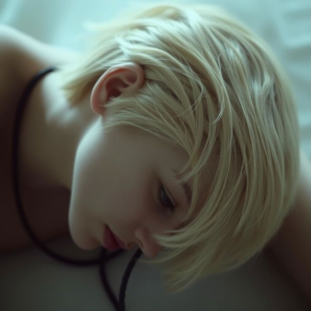 A blonde woman with short hair, lying face down, with her face hidden from view