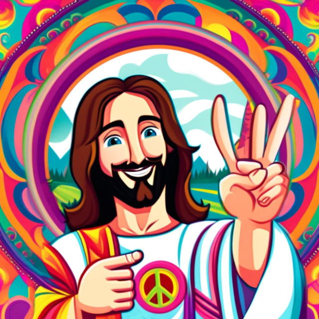 Humorous digital art of Jesus taking a selfie with a peace sign, surrounded by a groovy circle border filled with vibrant psychedelic patterns.