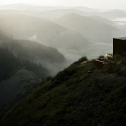 An isolated house situated high on a mist-shrouded mountain, surrounded by rugged natural beauty.