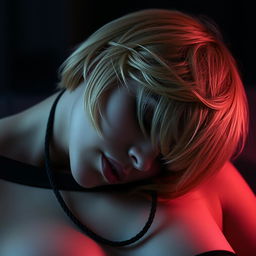 A blonde woman with short hair, lying face down, with a thin black rope elegantly wrapped around her neck