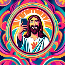 Humorous digital art of Jesus taking a selfie with a peace sign, surrounded by a groovy circle border filled with vibrant psychedelic patterns.