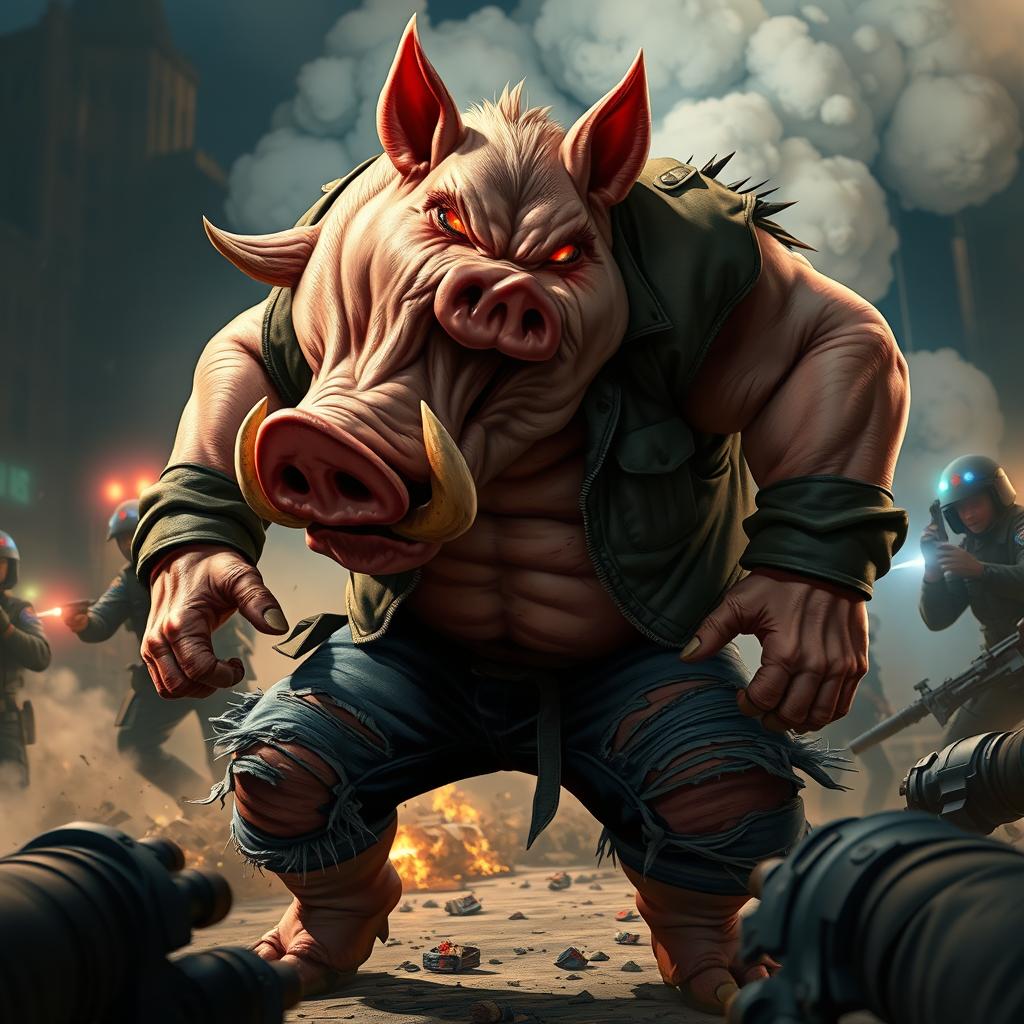 A fierce and furious anthropomorphic pig with muscular build, sharp tusks, and glowing red eyes