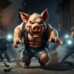 A fierce and furious anthropomorphic pig with muscular build, sharp tusks, and glowing red eyes