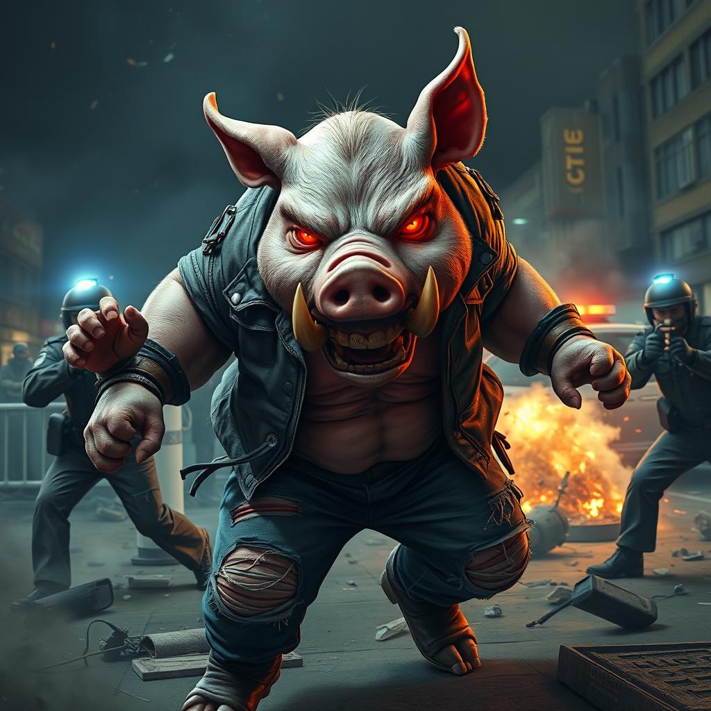 A fierce and furious anthropomorphic pig with muscular build, sharp tusks, and glowing red eyes