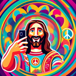 Humorous digital art of Jesus taking a selfie with a peace sign, surrounded by a groovy circle border filled with vibrant psychedelic patterns.