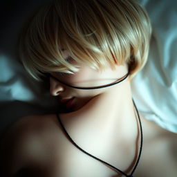 A blonde woman with short hair, lying face down, with a thin black rope delicately surrounding her neck