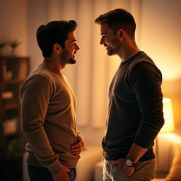 A romantic scene with two men who are a couple, facing each other with affection