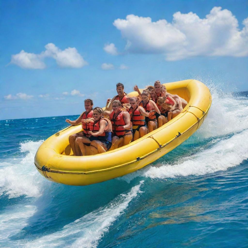 A thrilling banana boat adventure on azure waters under a bright sunny sky. Excited riders are holding tight, giggling, and screaming as the boat bounces over the waves, creating a fun and energetic atmosphere.