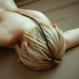 A blonde woman with short hair lying on her stomach, her face not visible, with a thin black rope delicately draped across her back