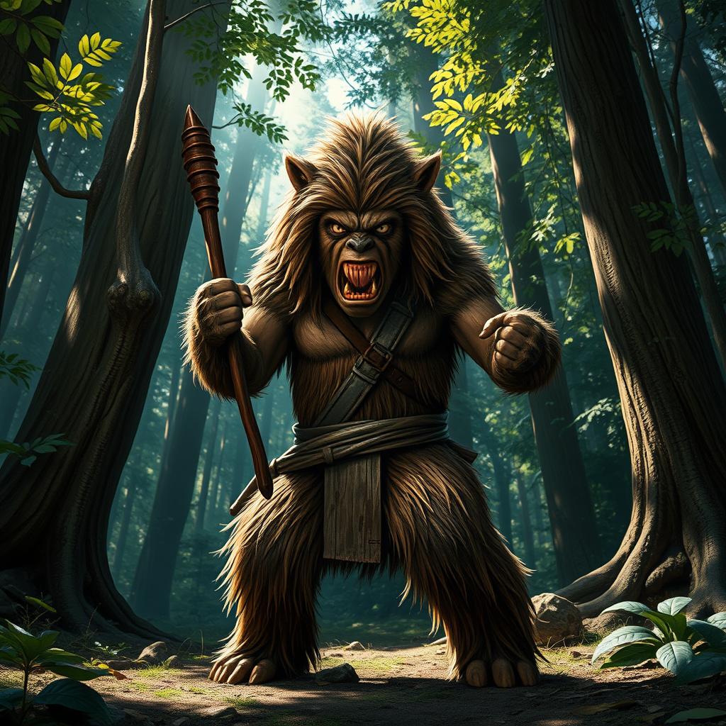 A furious and intense Ewok warrior, standing in a battle-ready pose with a fierce expression