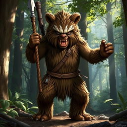 A furious and intense Ewok warrior, standing in a battle-ready pose with a fierce expression