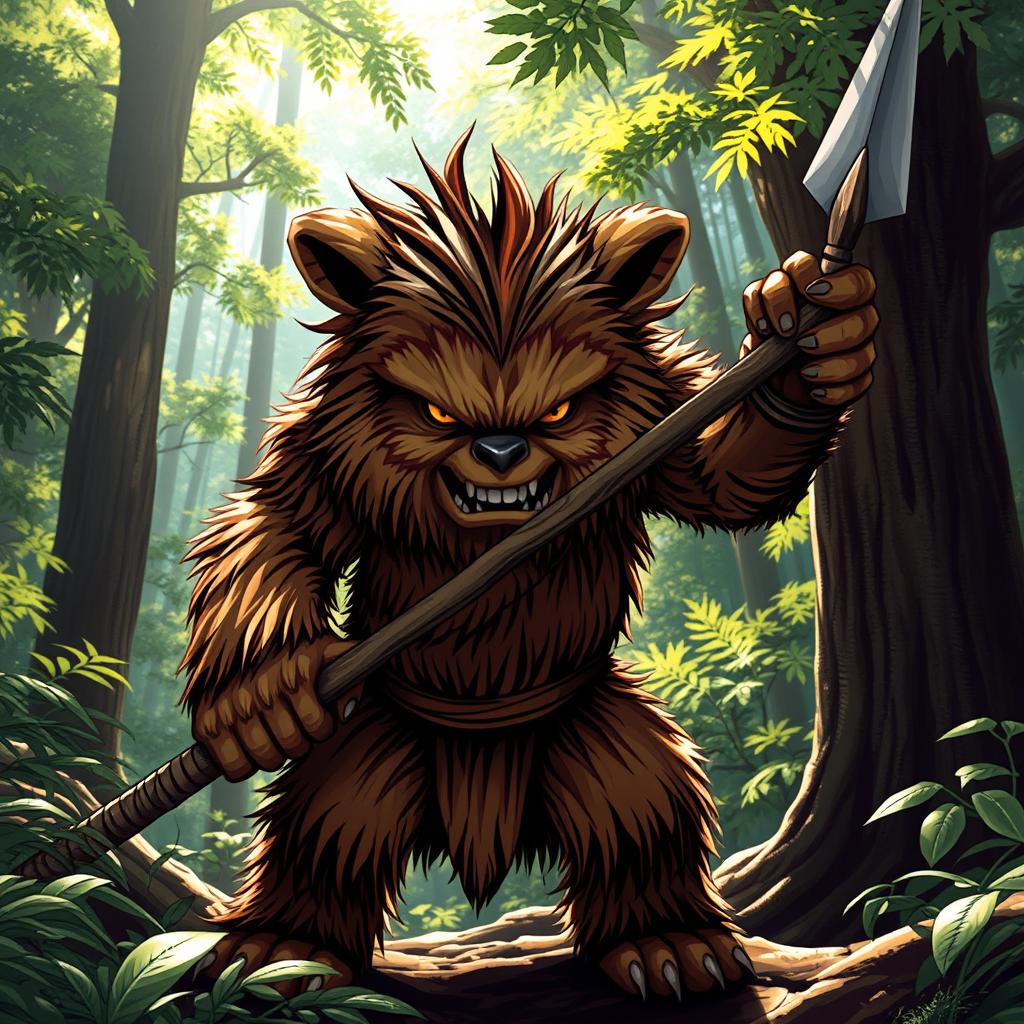 A furious and intense Ewok warrior, standing in a battle-ready pose with a fierce expression