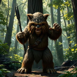 A furious and intense Ewok warrior, standing in a battle-ready pose with a fierce expression