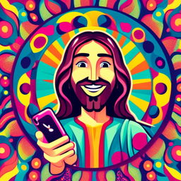 Humorous digital art of Jesus taking a selfie with a peace sign, surrounded by a groovy circle border filled with vibrant psychedelic patterns.