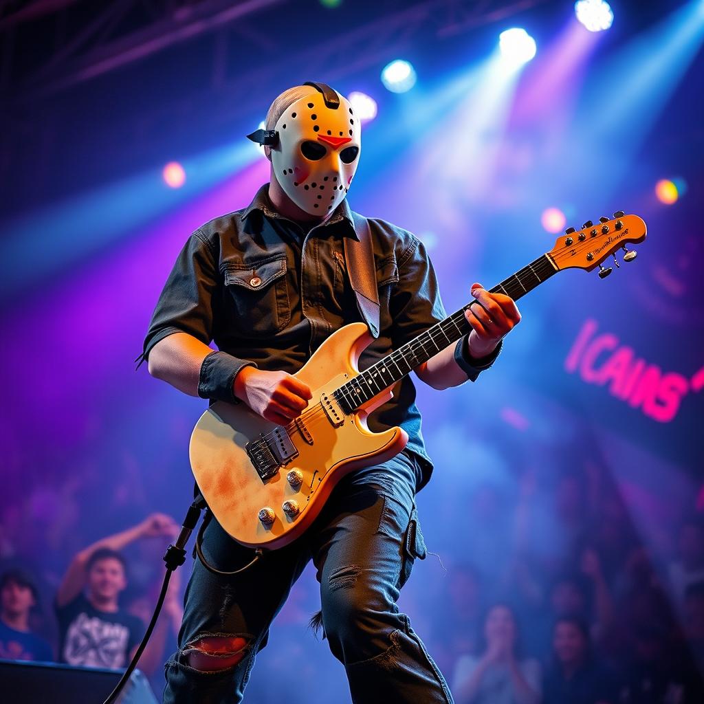 A depiction of a musician resembling the horror icon Jason Voorhees, but in a playful and non-threatening manner, skillfully playing an electric guitar on a stage