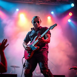 A depiction of a musician resembling the horror icon Jason Voorhees, but in a playful and non-threatening manner, skillfully playing an electric guitar on a stage