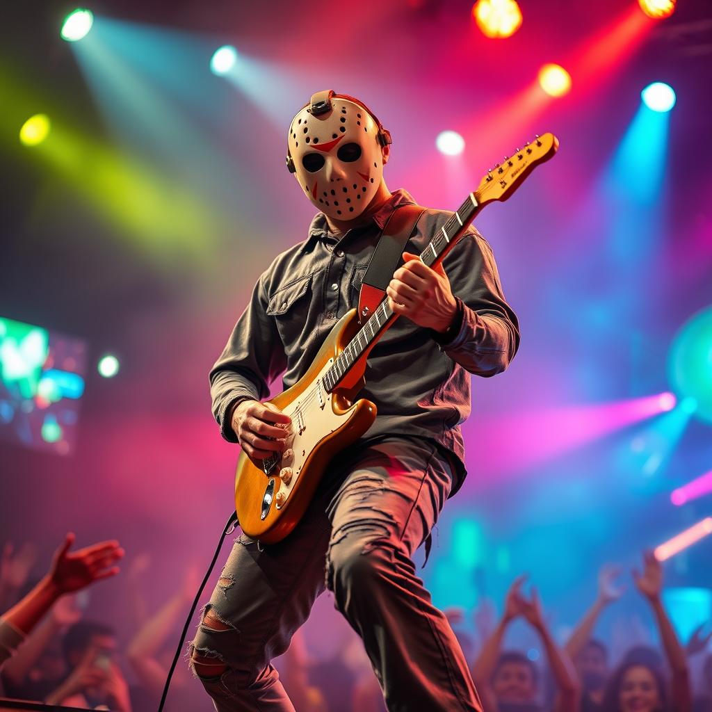 A depiction of a musician resembling the horror icon Jason Voorhees, but in a playful and non-threatening manner, skillfully playing an electric guitar on a stage