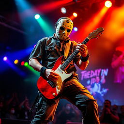 A depiction of a musician resembling the horror icon Jason Voorhees, but in a playful and non-threatening manner, skillfully playing an electric guitar on a stage