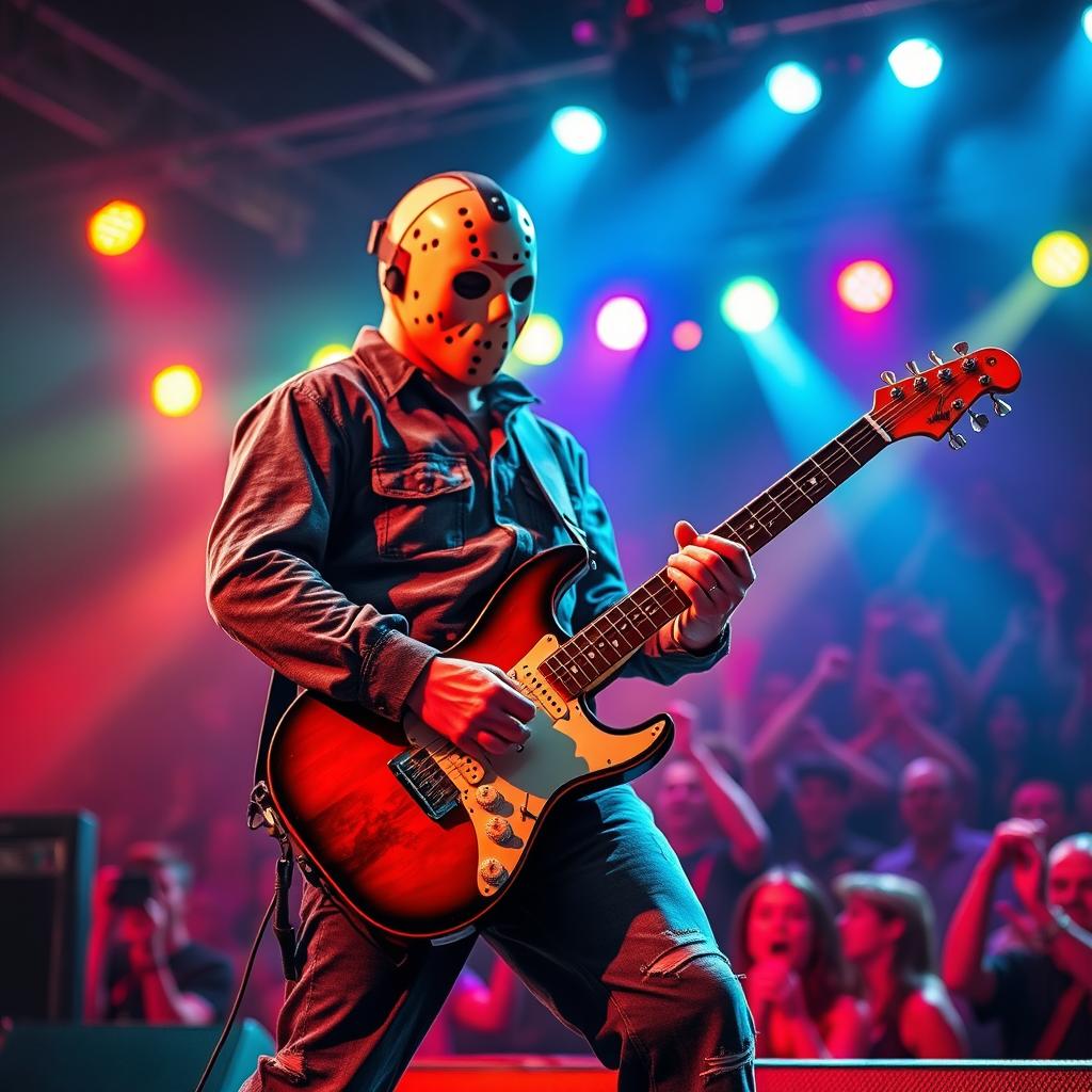 A depiction of a left-handed musician resembling the horror icon Jason Voorhees, skillfully playing an electric guitar on a stage