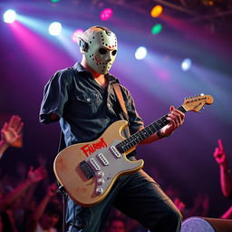 A depiction of a left-handed musician resembling the horror icon Jason Voorhees, skillfully playing an electric guitar on a stage